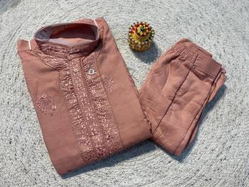 Peach soft heavy silk sequins embroidered kurta pajama 2