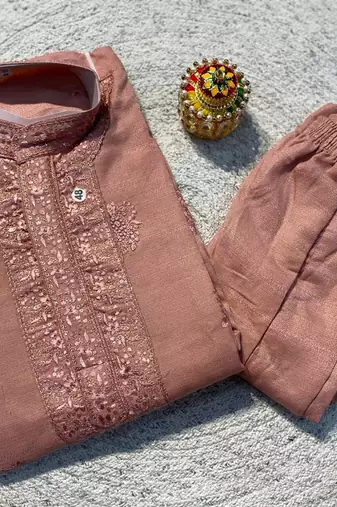 Peach soft heavy silk sequins embroidered kurta pajama