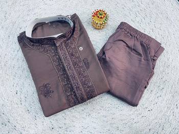 Chocolate brown soft heavy silk sequins embroidered kurta pajama 2