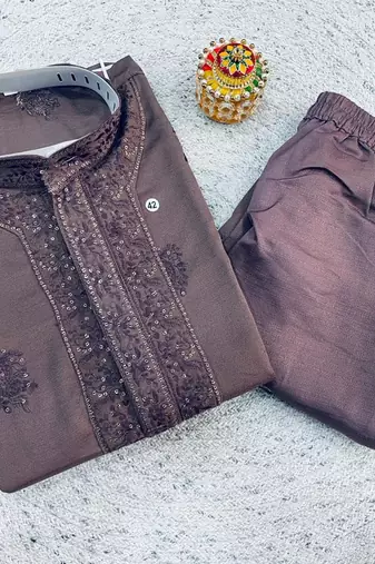 Chocolate brown soft heavy silk sequins embroidered kurta pajama