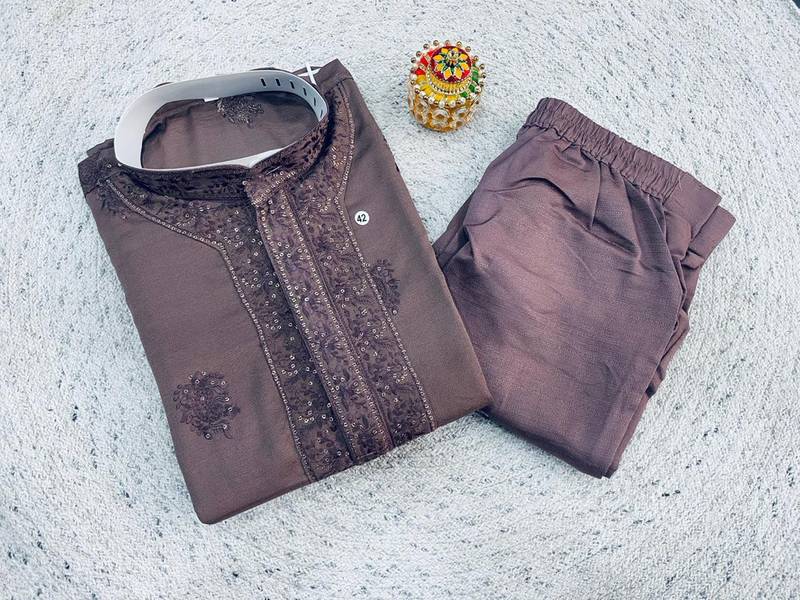 Chocolate brown soft heavy silk sequins embroidered kurta pajama