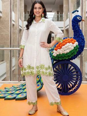 women floral embroidered regular thread work cotton kurta with trousers 6