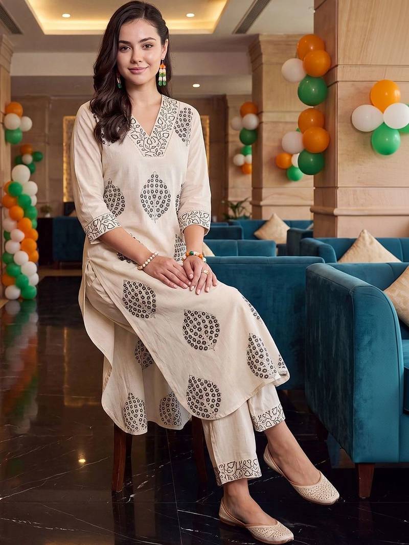 women ethnic motifs printed regular cotton kurta with trousers