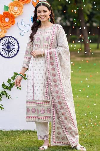 ethnic motifs printed regular cotton kurta with trousers & with dupatta