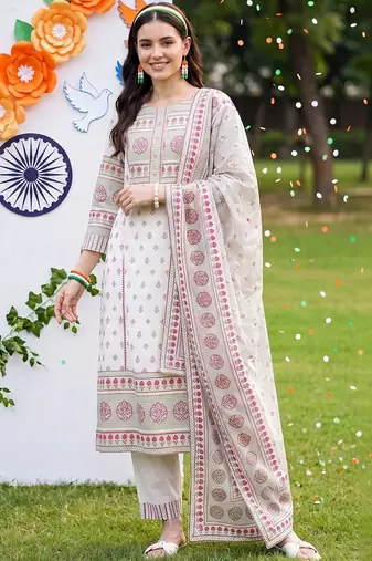 ethnic motifs printed regular cotton kurta with trousers & with dupatta