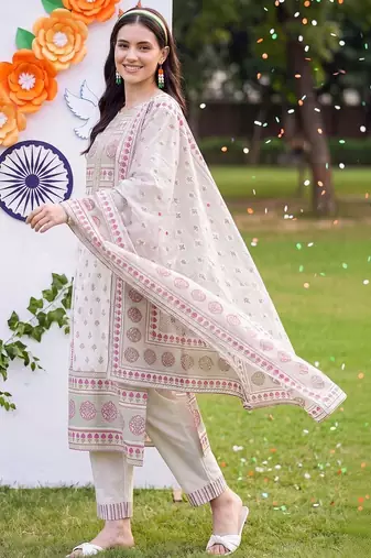ethnic motifs printed regular cotton kurta with trousers & with dupatta