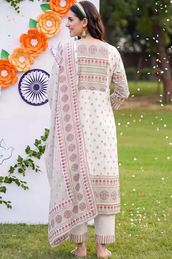 ethnic motifs printed regular cotton kurta with trousers & with dupatta