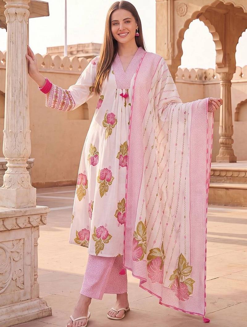 women floral printed regular cotton kurta with trousers & with dupatta