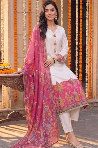 women ethnic motifs embroidered regular kurta with trousers & with dupatta