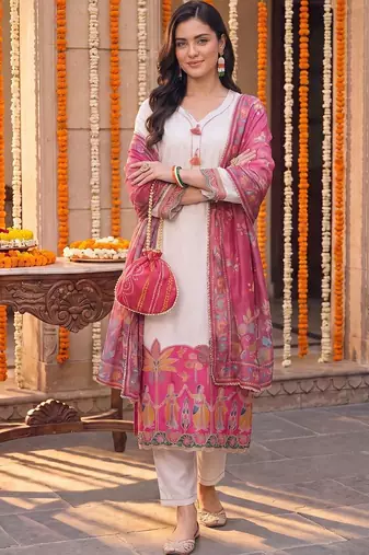 women ethnic motifs embroidered regular kurta with trousers & with dupatta