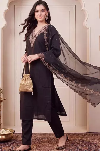 women ethnic motifs embroidered regular kurta with trousers & with dupatta