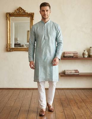 Light blue earth silk embroidery sequence work kurta pajama 1
