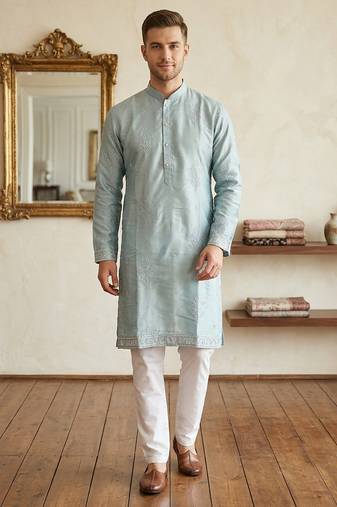 Light blue earth silk embroidery sequence work kurta pajama