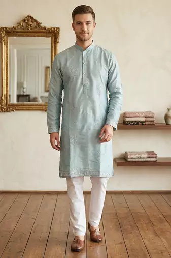 Light blue earth silk embroidery sequence work kurta pajama