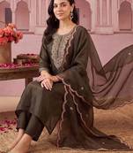 women ethnic motifs embroidered regular thread work liva kurta with trousers & with dupatta