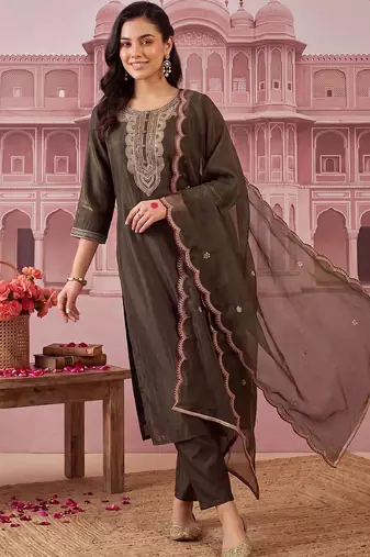 women ethnic motifs embroidered regular thread work liva kurta with trousers & with dupatta