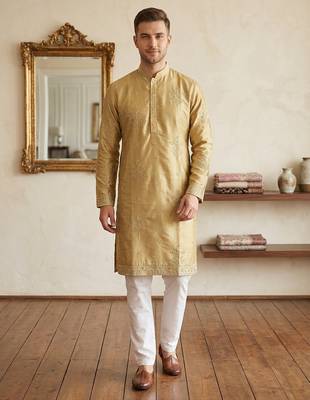 Yellow earth silk embroidery sequence work kurta pajama 1
