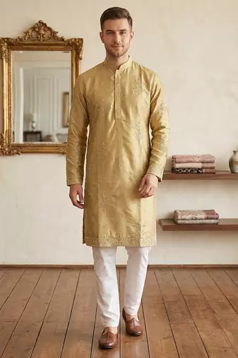 Yellow earth silk embroidery sequence work kurta pajama