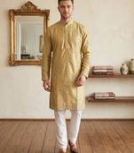 Yellow earth silk embroidery sequence work kurta pajama