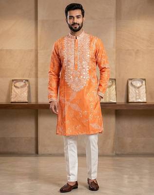 Orange simmer silk neck embroidery sequence + printed kurta pajama 1