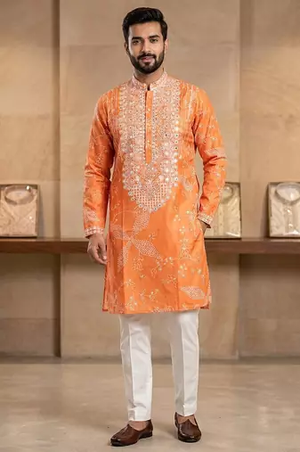 Orange simmer silk neck embroidery sequence + printed kurta pajama