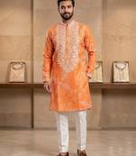 Orange simmer silk neck embroidery sequence + printed kurta pajama