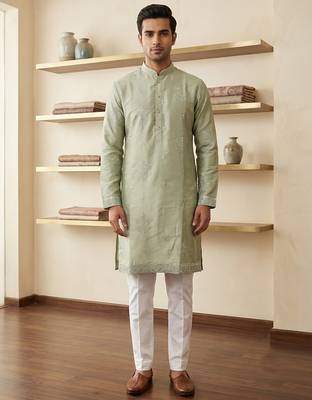 Light green earth silk embroidery sequence work kurta pajama 1