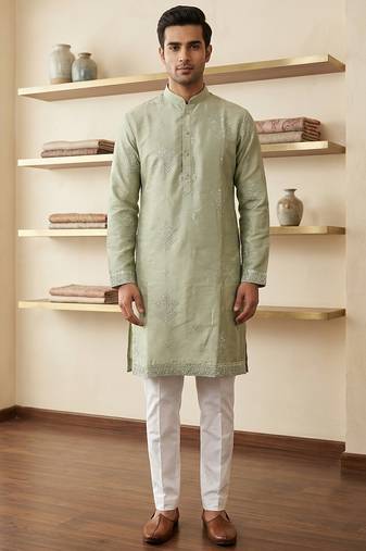 Light green earth silk embroidery sequence work kurta pajama