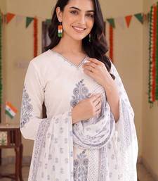 women ethnic motifs printed regular cotton kurta with trousers & with dupatta