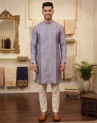 Purple earth silk embroidery sequence work kurta pajama 1