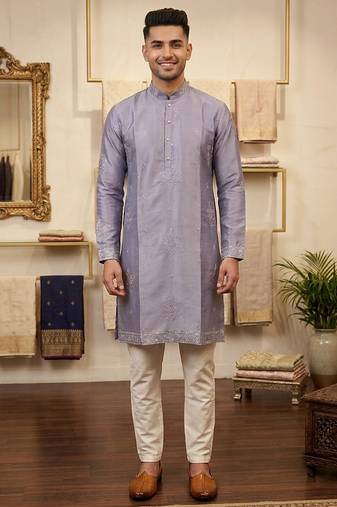 Purple earth silk embroidery sequence work kurta pajama