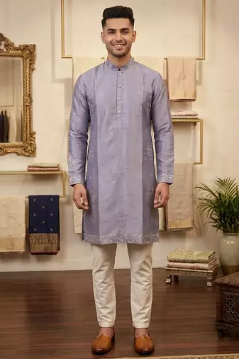 Purple earth silk embroidery sequence work kurta pajama