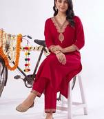 women ethnic motifs embroidered regular thread work liva kurta with trousers