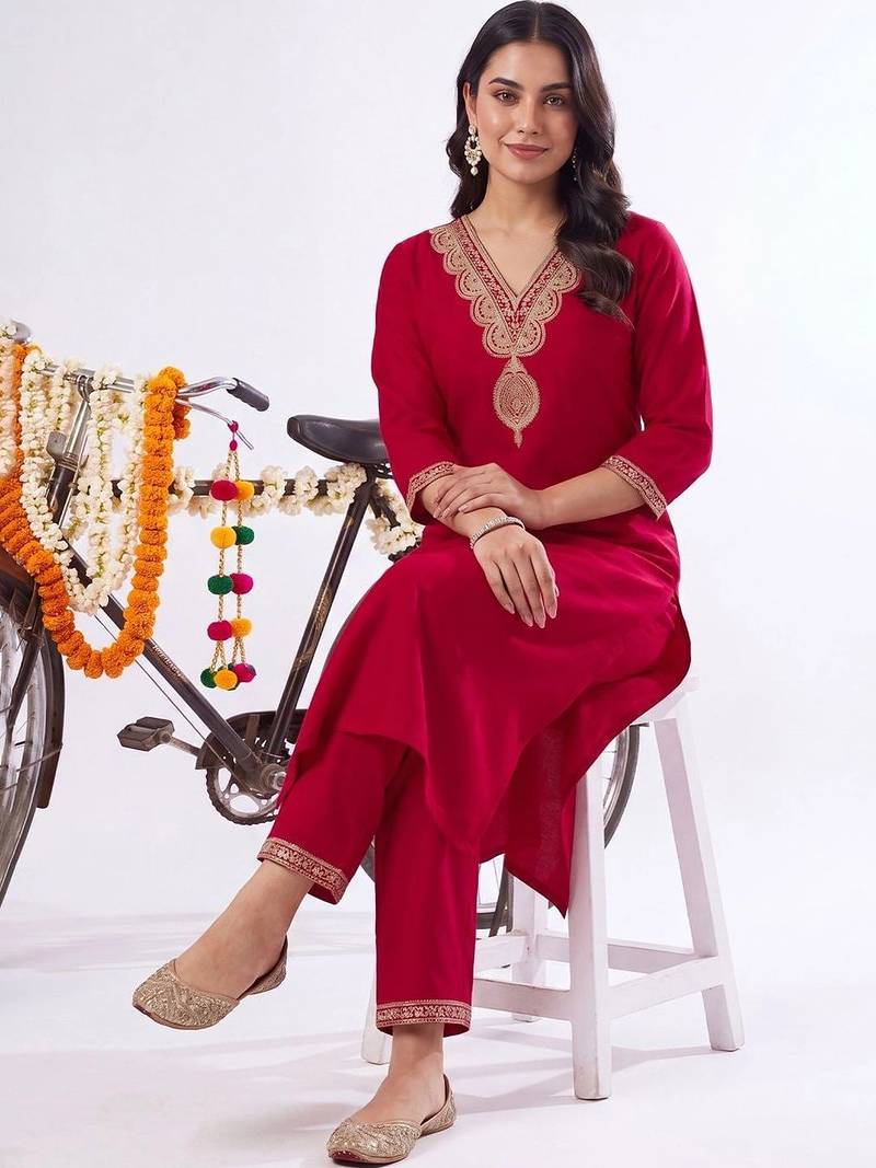 women ethnic motifs embroidered regular thread work liva kurta with trousers