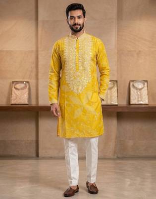 Yellow simmer silk neck embroidery sequence + printed kurta pajama 1