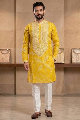 Yellow simmer silk neck embroidery sequence + printed kurta pajama
