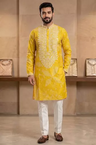 Yellow simmer silk neck embroidery sequence + printed kurta pajama