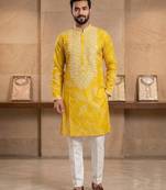 Yellow simmer silk neck embroidery sequence + printed kurta pajama