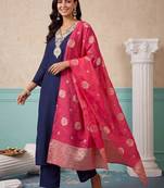 women ethnic motifs embroidered regular thread work kurta with trousers & with dupatta