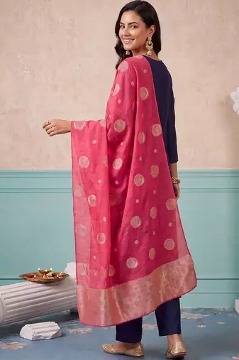women ethnic motifs embroidered regular thread work kurta with trousers & with dupatta