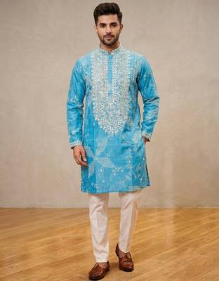 Blue simmer silk neck embroidery sequence + printed kurta pajama 1