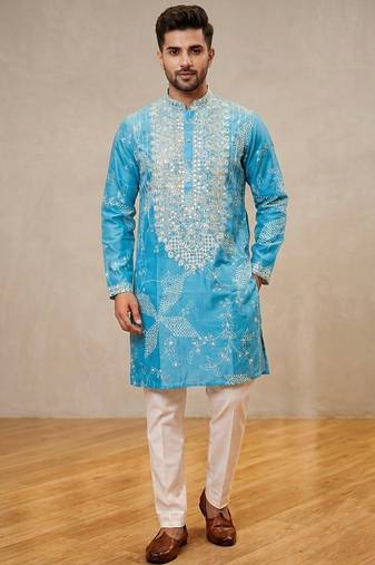 Blue simmer silk neck embroidery sequence + printed kurta pajama