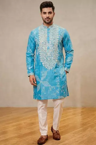 Blue simmer silk neck embroidery sequence + printed kurta pajama