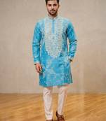 Blue simmer silk neck embroidery sequence + printed kurta pajama