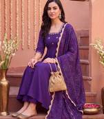 women ethnic motifs embroidered regular thread work kurta with trousers & with dupatta