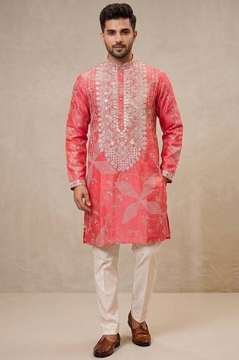 Peach pink simmer silk neck embroidery sequence + printed kurta pajama