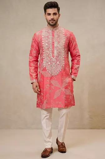 Peach pink simmer silk neck embroidery sequence + printed kurta pajama