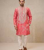 Peach pink simmer silk neck embroidery sequence + printed kurta pajama