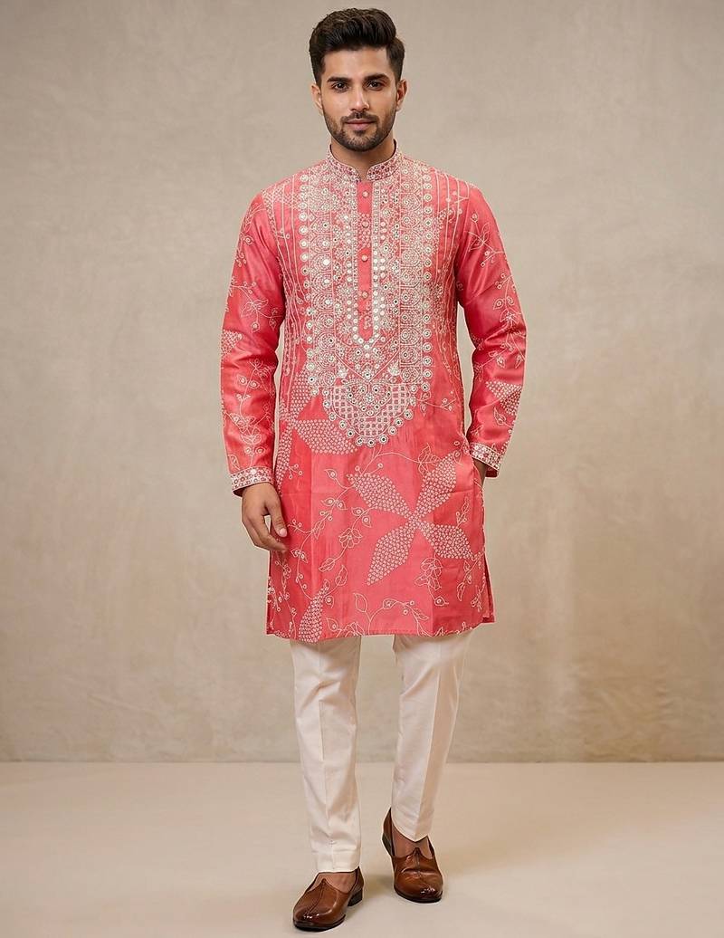 Peach pink simmer silk neck embroidery sequence + printed kurta pajama