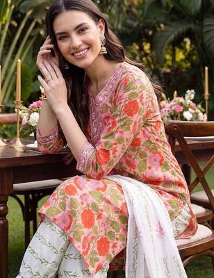 women floral printed regular thread work cotton kurta with patiala & with dupatta 2